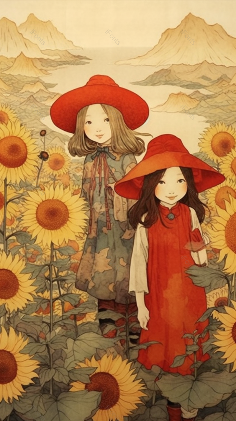 古典风格向日葵花田里游玩的女孩插画,插画/手绘图,插画/手绘图库,插画/手绘图下载,插画/手绘